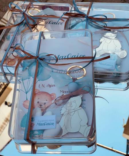 Μπομπονιέρα βάπτισης  με μπρελόκ αρκουδάκι από πλεξιγκλάς χρυσό καθρέπτη